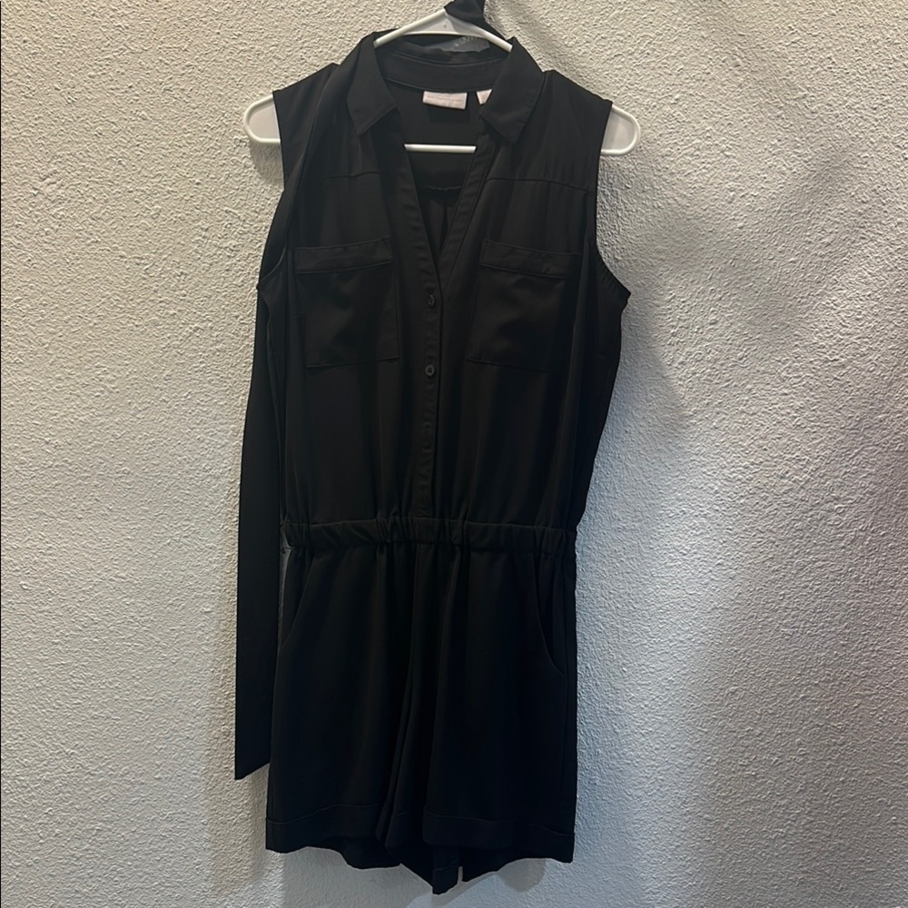 New York & Company Black V-Neck Jumpsuit with Waist Tie